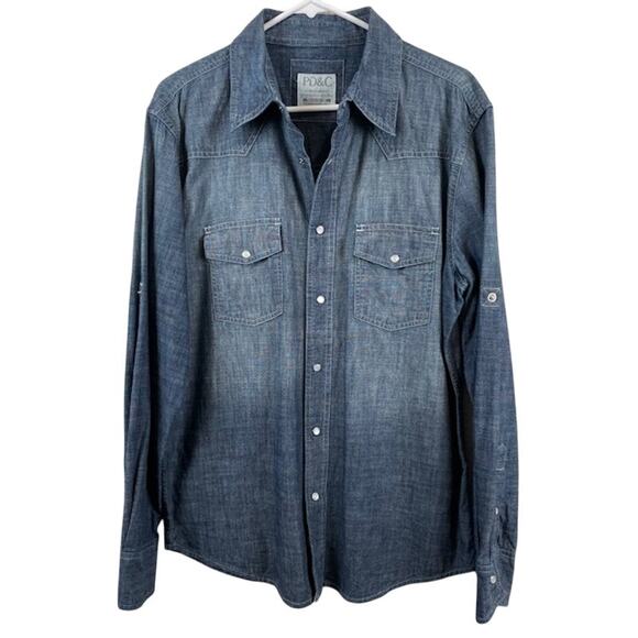 PD&C, Western Shirt Chambray Denim Pearl Snap Long Sleeve - Picture 1 of 9